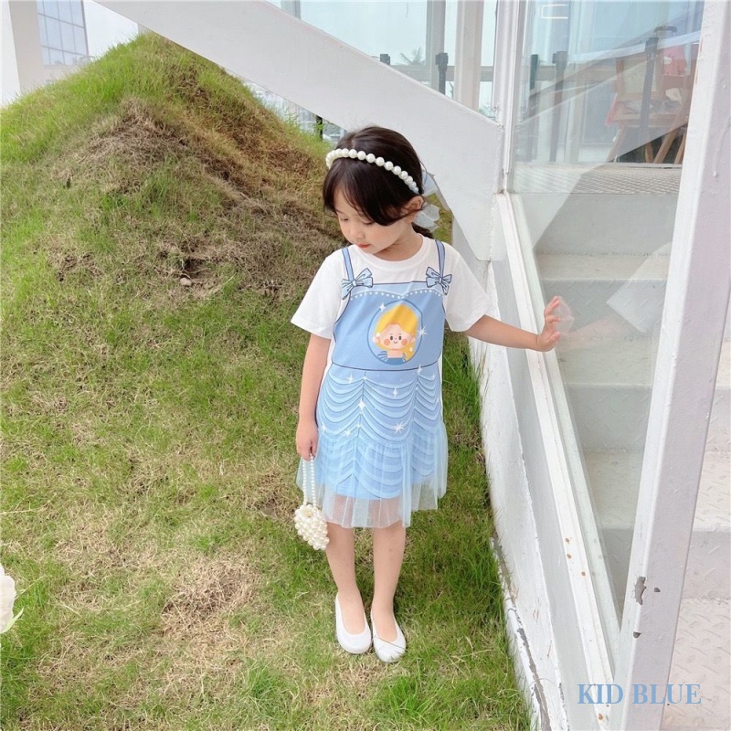 Đầm Thun Tay Ngắn Giả Hai Mảnh Họa Tiết Hoạt Hình Thời Trang Mùa Hè Cho Bé Gái