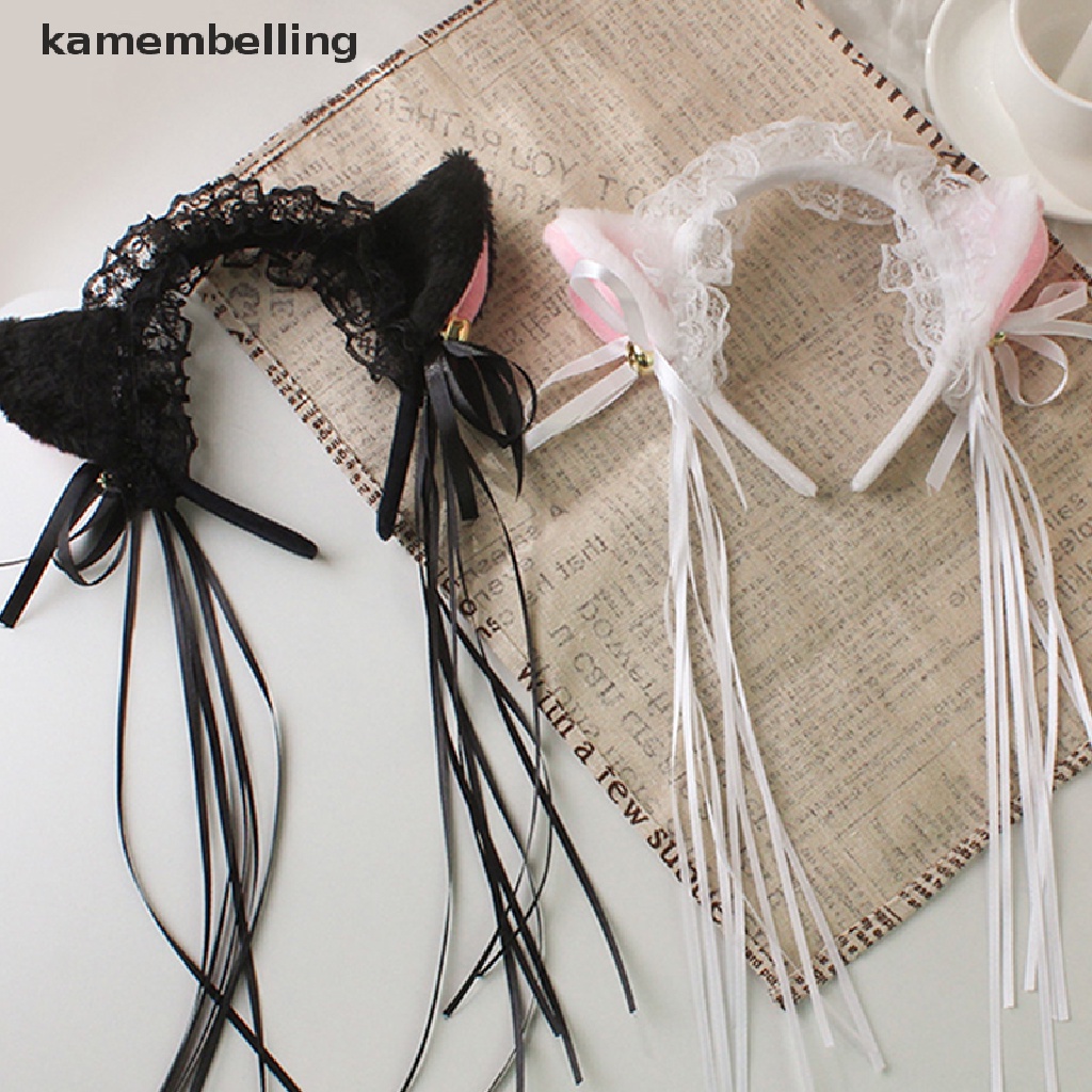 Kamembelling Băng Đô Tai Mèo Bông Phối Ren Và Chuông Hóa Trang Cho Nữ