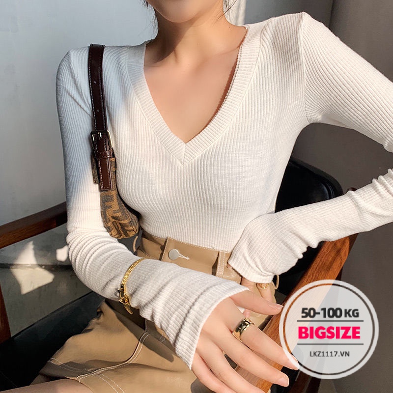 Áo thun Bigsize Áo kiểu nữ dáng ôm tay dài cổ chữ v trắng mùa thu Phong cách Hàn Quốc Thời Trang đẹp