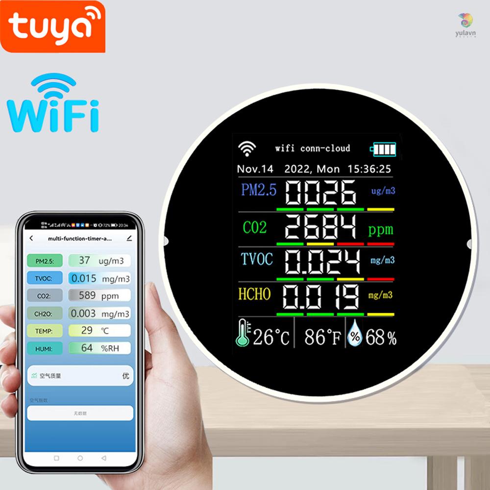 Thiết Bị Đo Độ Ẩm Không Khí Kết Nối Wifi 7 Trong 1 PM2.5 CO2 TVOC HCHO AQI Có Màn Hình Hiển Thị Màu