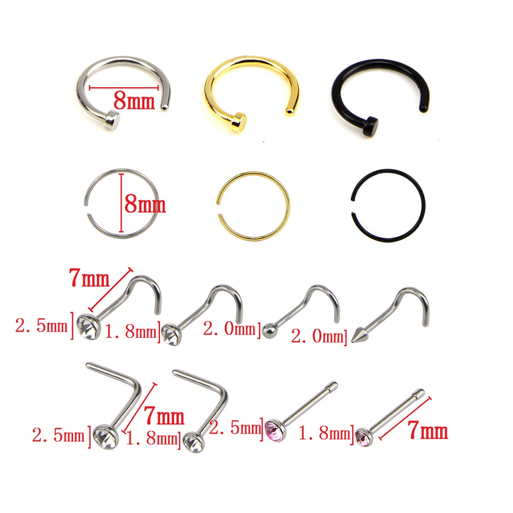 Set 14 Khuyên Mũi Bằng Thép Không Gỉ Đính Đá Cá Tính