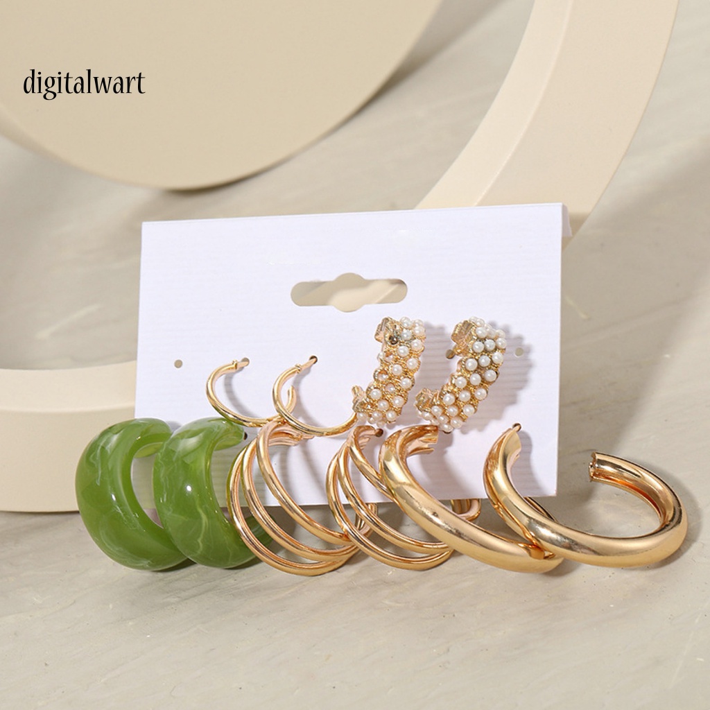 Kỹ Thuật Số| Set 5 Đôi Khuyên Tai Tròn Đính Ngọc Trai Nhân Tạo Phong Cách Bohemian Thời Trang