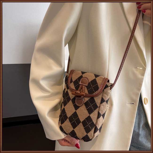 Túi Đeo Chéo Đựng Điện Thoại Có Khóa Kéo Họa Tiết Hình Thoi Đơn Giản Thời Trang Cho Nữ