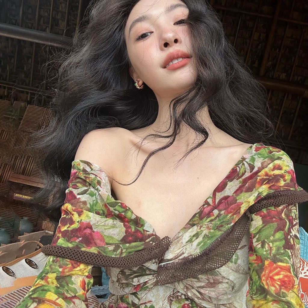 Weird Puss Đầm Midi Tay Dài Trễ Vai Ôm Dáng In Họa Tiết Hoa Thanh Lịch Cổ Điển Quyến Rũ Cho Nữ