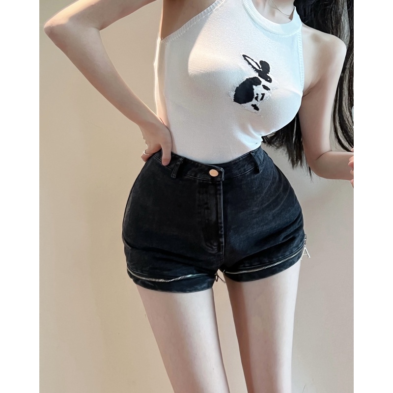 Quần Short Denim Lưng Cao Dáng Ôm Phối Khóa Kéo Thời Trang Cá Tính Cho Nữ