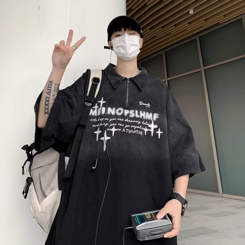 Áo Thun POLO Ngắn Tay Dáng Rộng In Chữ Màu Gradient Phong Cách Mỹ Cho Nam