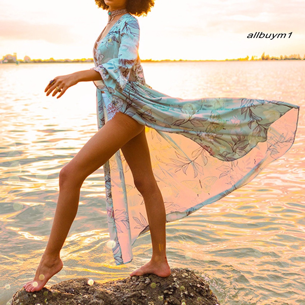 Áo Khoác Voan Cardigan Tay Dài Cổ Chữ V Che Nắng Cột Dây Trước In Họa Tiết Hoa Lá Thời Trang Đi Bơi