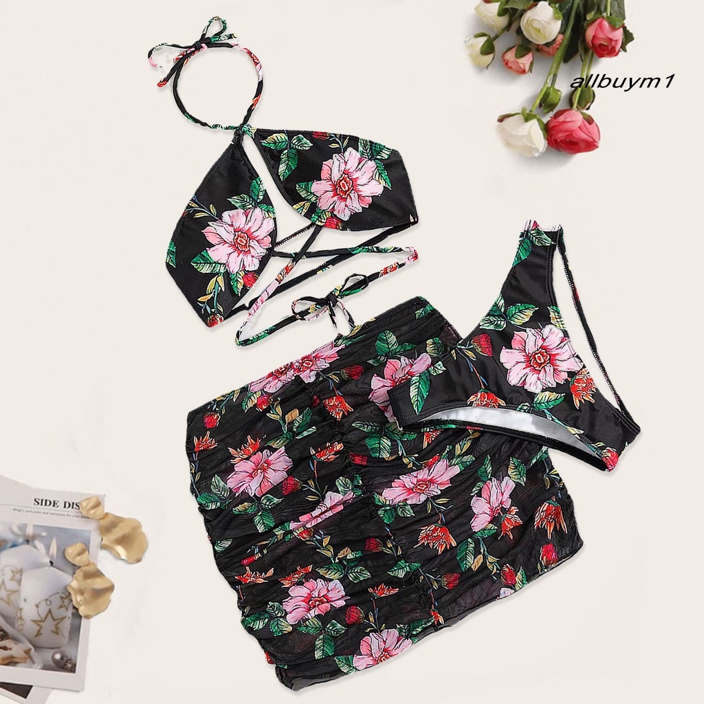 Bộ Đồ Bơi 3 Mảnh Gồm Áo Quấn Quanh Cổ Yếm Và Chân Váy In Họa Tiết Hoa Phong Cách Thể Thao Thời Trang Quyến Rũ Cho Nữ