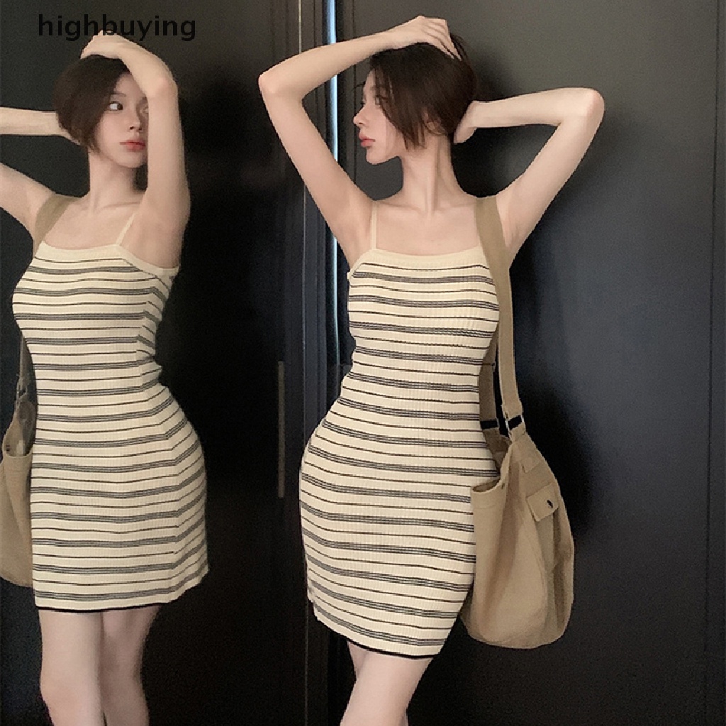 Đầm Mini Dệt Kim Mỏng Hở Lưng Họa Tiết Kẻ Sọc Thời Trang Mùa Hè 2023 Cho Nữ