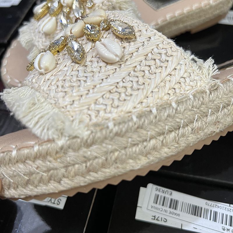 Giày Cói Đi Biển Mùa Hè 2023 Đính Đá Phối Tua Rua Phong Cách Pháp Mới Cho Nữ 0IAW