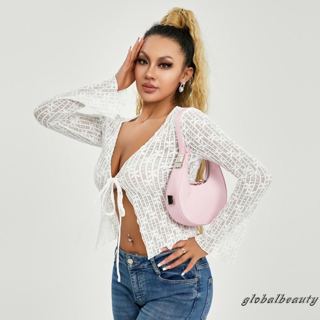 Áo Croptop Tay Dài Cổ Chữ V Họa Tiết Hoa Thời Trang Xuân Hè Cho Nữ