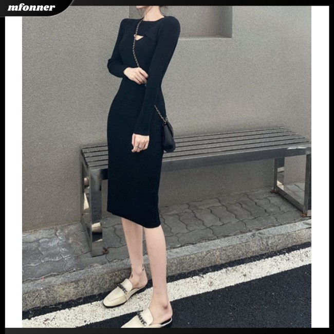Đầm Dệt Kim Dài Tay Dáng Chữ A Lưng Cao Màu Trơn Thời Trang Gợi Cảm Cho Nữ