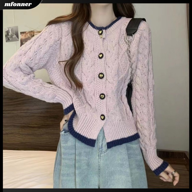 Áo Cardigan Dệt Kim Tay Dài Cổ Tròn Màu Sắc Tương Phản Thời Trang Cho Nữ