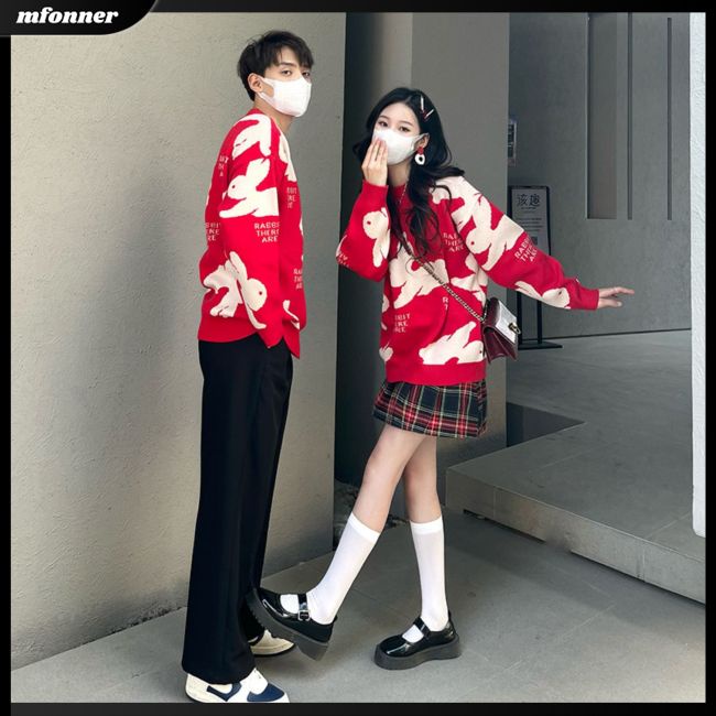 Áo Sweater Dệt Kim Cổ Tròn Họa Tiết Thỏ Dễ Thương Cho Nữ