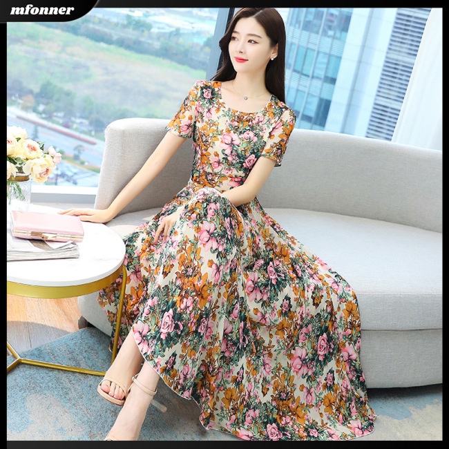 Đầm Hoa Tay Ngắn Cổ Tròn Thoáng Khí Thời Trang Xuân Hè Cho Nữ