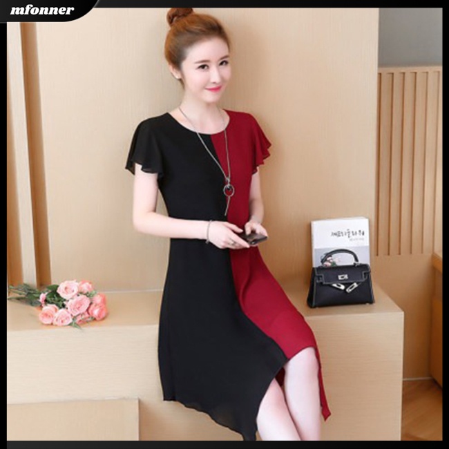 Đầm Midi Chữ A Tay Ngắn Cổ Tròn Màu Sắc Tương Phản Thời Trang Mùa Hè Cho Nữ