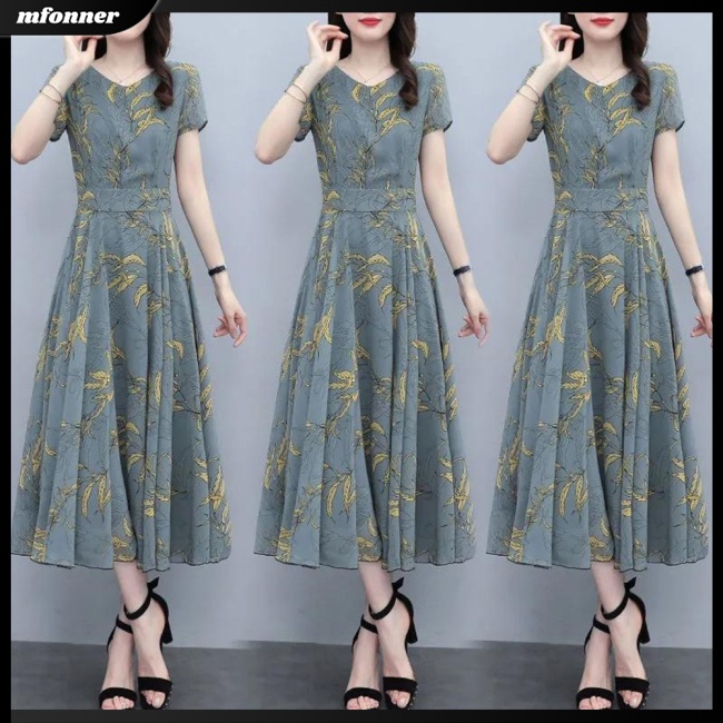 Đầm Dài Tay Ngắn Cổ Tròn Nhấn Eo in Họa Tiết Hoa Cổ Điển Plus Size Cho Nữ