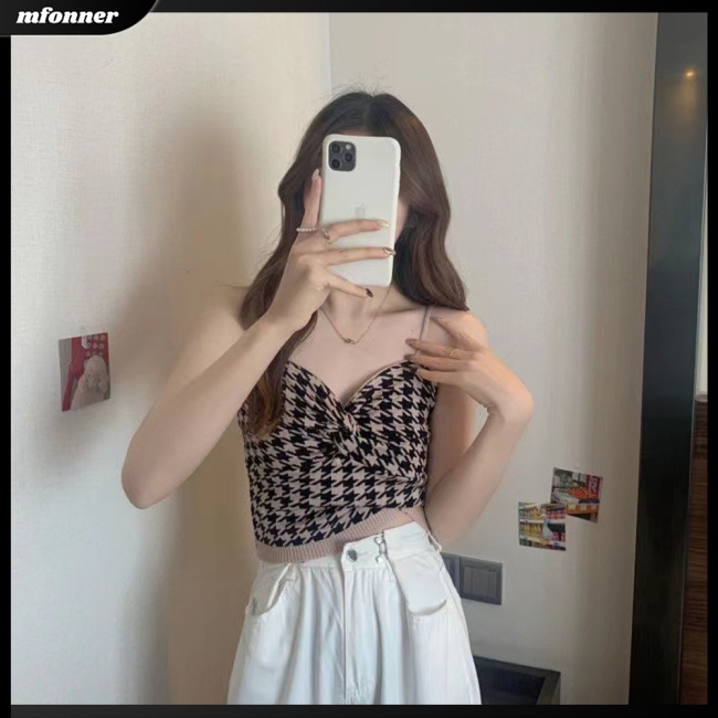 Áo Croptop Hai Dây Cổ Chữ V Dáng Ôm In Họa Tiết Houndstooth Thời Trang Cho Bạn Gái