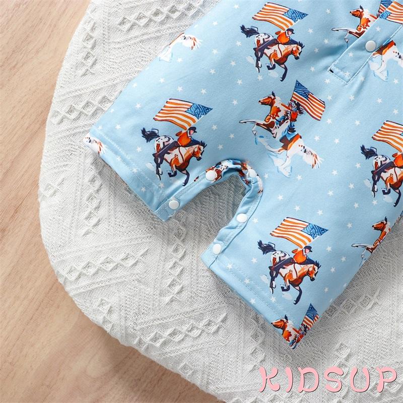 Kidsup1-bộ Áo Liền Quần Tay Ngắn Có Cổ In Hình Lá Cờ &amp; Ngựa Màu Xanh Dương Thời Trang Mùa Hè
