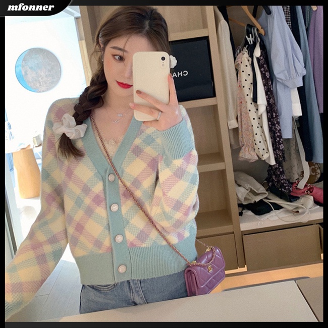 Áo Khoác Cardigan Dệt Kim Cổ Chữ V Họa Tiết Hình Thoi Màu Sắc Tươi Tắn Cho Nữ