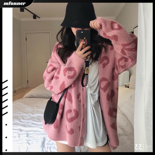 Áo Khoác Cardigan Dệt Kim Mỏng Tay Dài Dáng Rộng In Họa Tiết Da Báo Cá Tính Cho Nữ