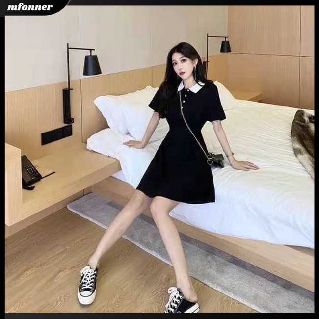 Đầm Đen Tay Ngắn Cổ Bẻ Chất Liệu Lụa Thiết Kế Chiết Eo Nữ Tính