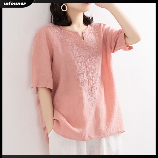 Áo Sơ Mi Cotton Lanh Tay Ngắn Dáng Rộng Thêu Họa Tiết Xinh Xắn Thời Trang Mùa Hè Cho Nữ