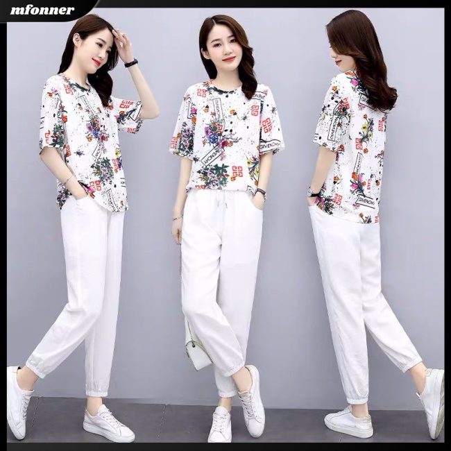 Set Đồ Thời Trang 2 Món Áo Thun Phối Quần Dài In Họa Tiết Thời Trang Xinh Xắn Cho Nữ