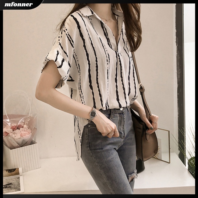 Áo Sơ Mi Tay Ngắn Dáng Rộng Họa Tiết Kẻ Sọc Thiết Kế Cỡ Lớn Thời Trang Trẻ Trung