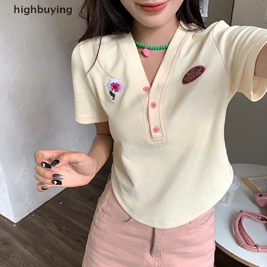 Áo Thun Lửng Ngắn Tay Cổ V Thêu Họa Tiết Thời Trang Cho Nữ