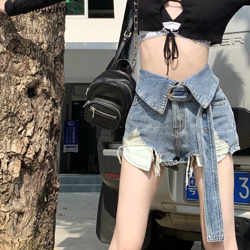 Quần Short Denim Lưng Cao Ống Rộng Phối Rách Kiểu Vintage Cá Tính Cho Nữ