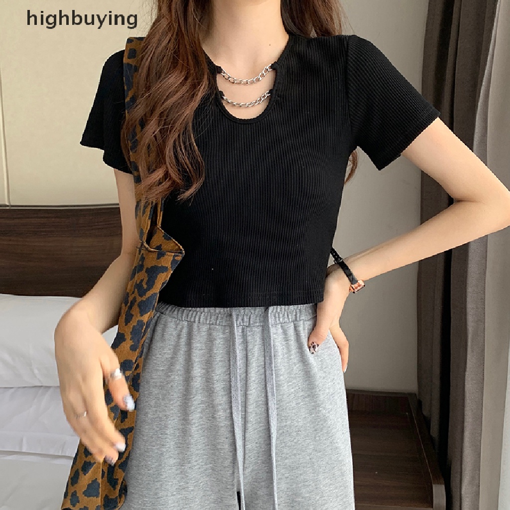 Áo Thun Tay Ngắn Màu Trơn Phối Dây Xích Thời Trang Mùa Hè Cho Nữ