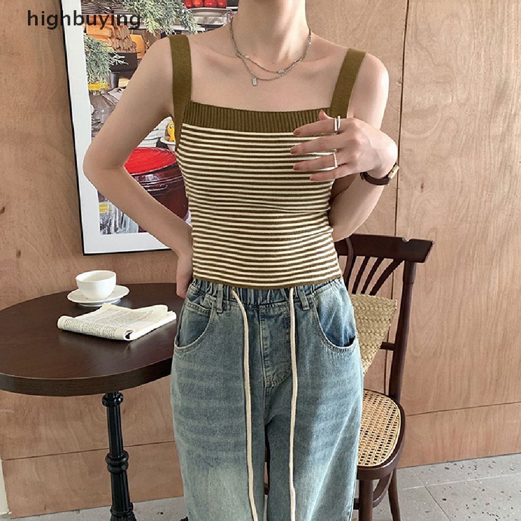 Áo Croptop Dệt Kim Hai Dây Họa Tiết Kẻ Sọc Phong Cách Vintage