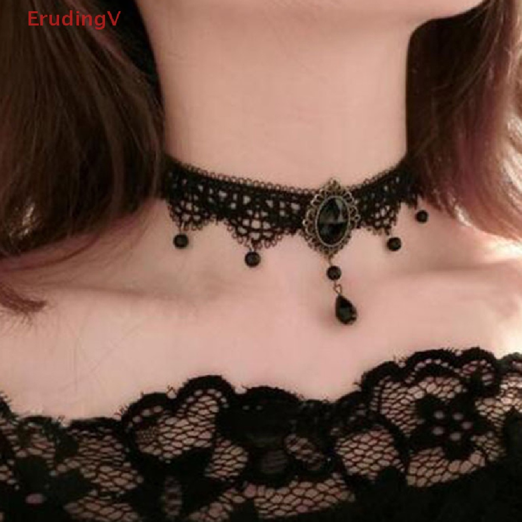 [ErudingV] Vòng Cổ Choker Ren Đen Đính Đá Pha Lê Phong Cách Gothic Quyến Rũ