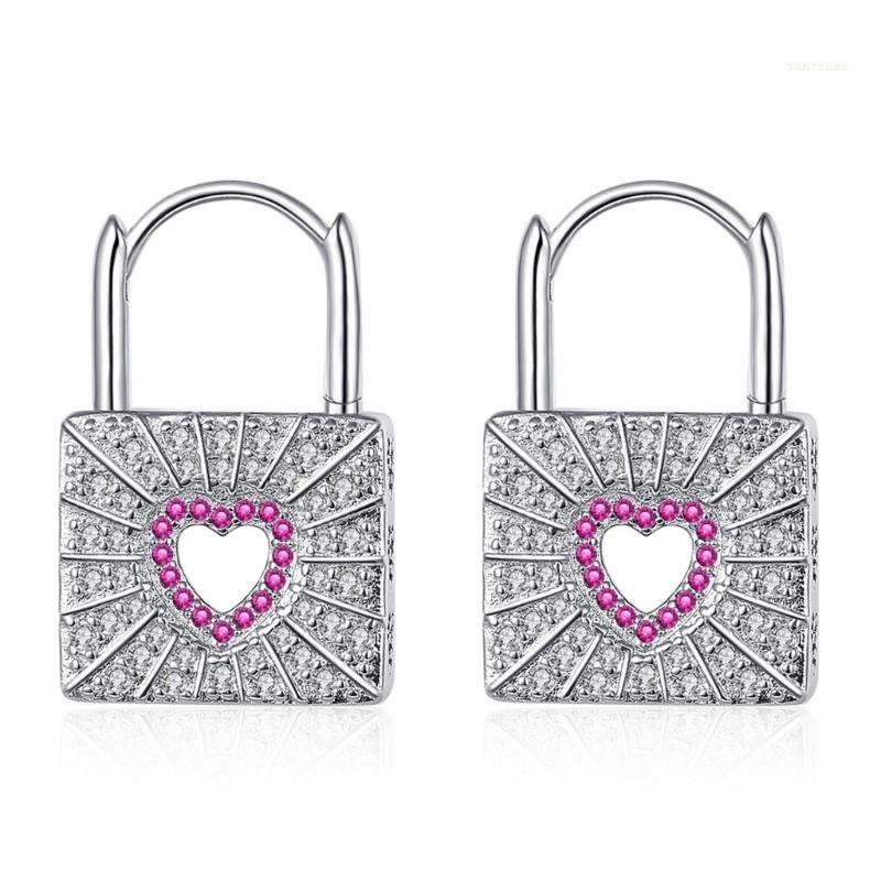 Bông Tai Hình Ổ Khóa Đính Đá Zircon Đỏ Phong Cách Boho Thời Trang Cho Nữ