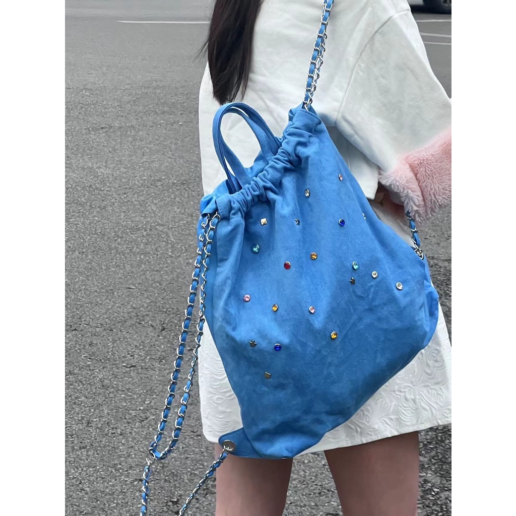 Ba Lô Dây Rút Chất Liệu Nhung Đính Đá Nhiều Màu Phong Cách Hàn Quốc Cho Nữ