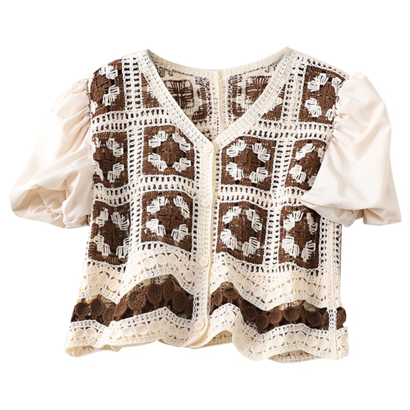 Xiangbao Áo Cardigan Dệt Kim Tay Ngắn Phồng Cài Nút Kiểu Vintage Cho Nữ