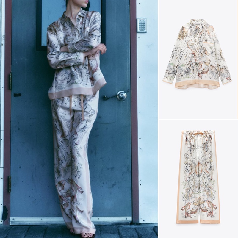Bộ Áo Sơ Mi Satin Dài Tay In Họa Tiết Zara 23 + Quần Lưng Cao Xinh Xắn Theo Phong Cách Mùa Hè2879143 2781114