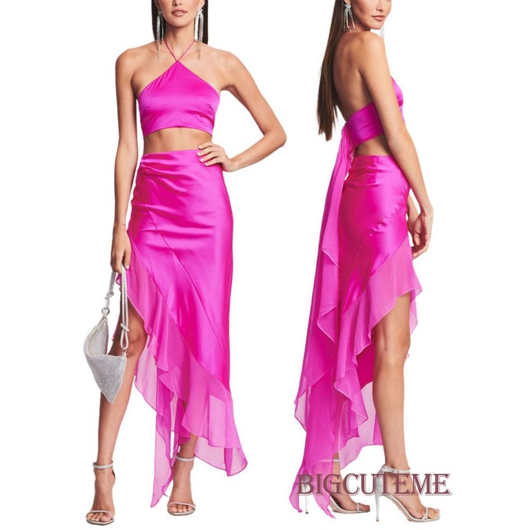 Set Áo 2 Dây Buộc Cổ Màu Trơn + Chân Váy Dài Phối Bèo Thời Trang Mùa Hè Cho Nữ