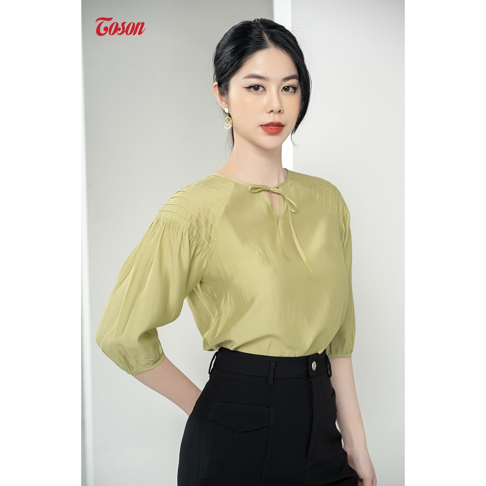 Áo tơ xanh cốm dáng suông, tay zắc lăng bấu mí Limitted 14044Y83 Toson
