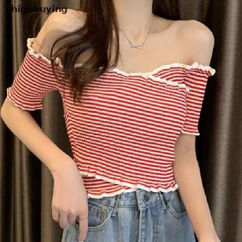Áo Croptop Dệt Kim Trễ Vai Tay Ngắn Thời Trang Mùa Hè Cho Nữ