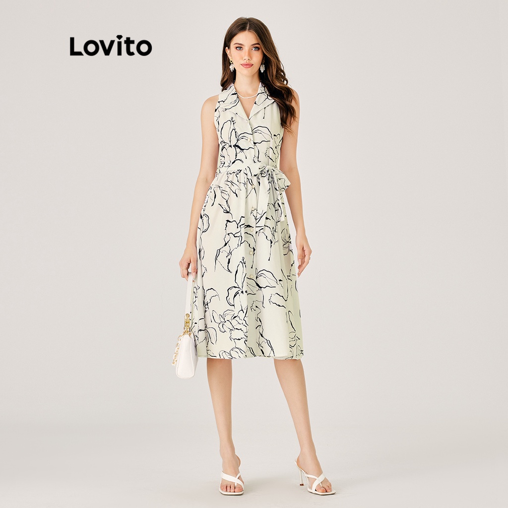 Đầm LOVITO họa tiết hoa có dây thắt lưng nút cài phong cách boho dành cho nữ L47ED114 (màu trắng)