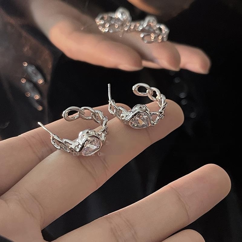 Bông Tai Đính Đá zircon Hình Trái Tim Phong Cách Harajuku Sang Trọng Cho Nữ
