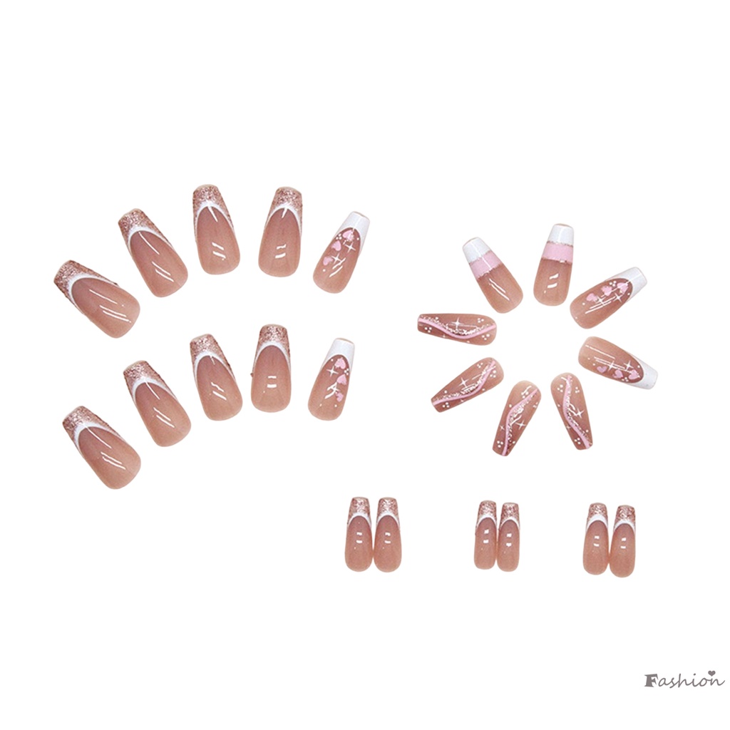 Móng Tay Giả Dài Màu Hồng Đính Kim Sa Viền Trắng Che Phủ Toàn Diện Có Thể Tái Sử Dụng