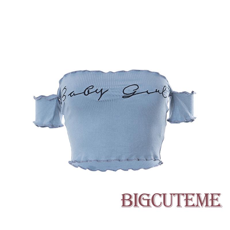 Áo Thun Crop Top Mùa Hè Tay Cộc Trễ Vai In Họa Tiết Chữ Cho Nữ