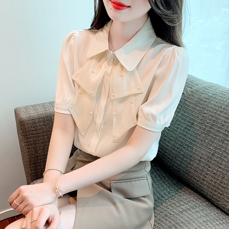 Áo Sơ Mi Ngắn Tay Thắt Nơ Đính Hạt Phong Cách Hàn Quốc Thời Trang Mùa Hè Hàng Mới