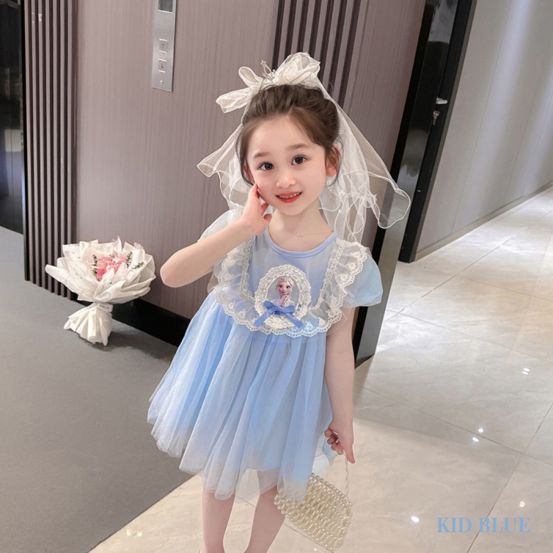 Đầm Công Chúa Tay Ngắn Phối Lưới Họa Tiết Hoạt Hình Thời Trang Mùa Hè Cho Bé Gái
