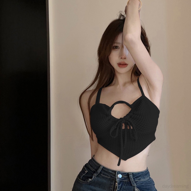 Áo Croptop Sát Nách Dệt Kim Màu Trơn Dáng Ôm Phối Ren Lỗ Lưới Thời Trang Quyến Rũ Cho Nữ