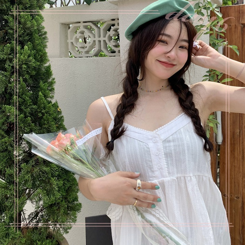 Áo Hai Dây Cổ Chữ V Phối Ren Phong Cách Hàn Quốc Thời Trang Mùa Hè Cho Nữ