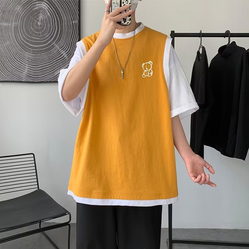 Áo Thun Tay Ngắn Giả Hai Lớp Dáng Rộng Thời Trang Mùa Hè Cho Nam